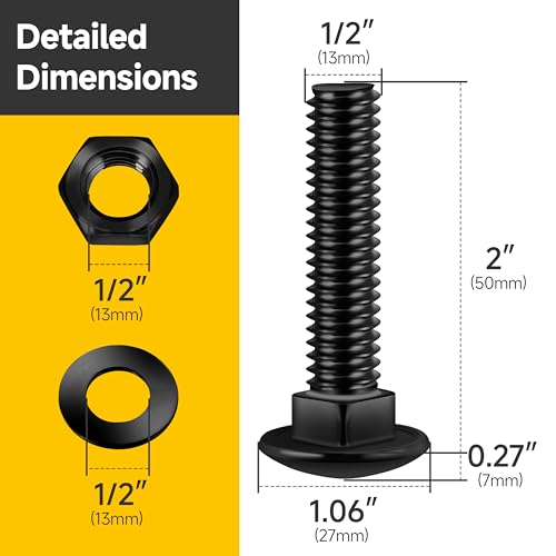 Mywish (8 Sets) 1/2-13 x 2 Carriage Bolts & (8Sets) 1/2" x 3" Hex Head Lag Bolts, Heavy Duty Lag Screws with Washers, Screws Round Head Square Neck and Hex Nuts & Flat Washers Full Threaded 304 Stainl