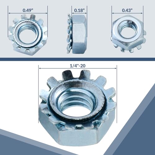Tandefio 100 Pcs Lock Nut, 1/4"-20 Lock Nuts Zinc Plated Steel Nuts with External Tooth Washer Silver Hardware for Low Load Assemblies (Pack of 3) Small (Pack of 3)