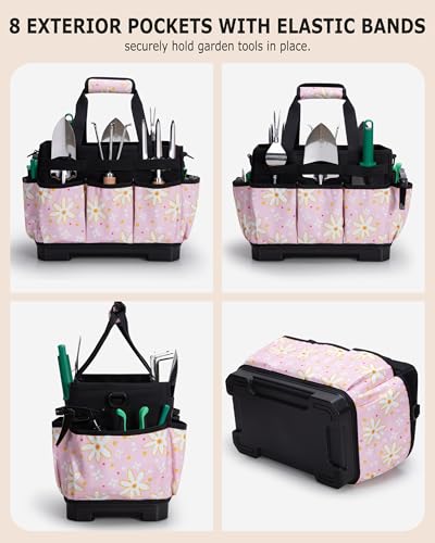 Marscamd Garden Tool Bag with Hard Bottom, Garden Tote with Shoulder Strap Pink Sunflower