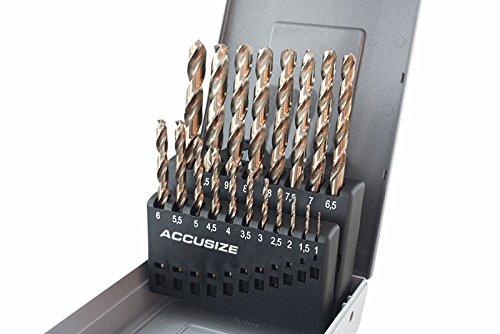 Accusize Industrial Tools M35 H.S.S. Plus 5% Cobalt Metric Drill Set, 135 Deg Split Point, 1 to 10mm by 0.5mm in Plastic Box, 3110-1119 1 to 10mm by 0.5mm, 19 pcs