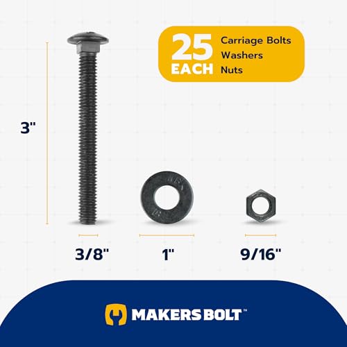 3/8" x 3" (25 Pack) Black Carriage Bolt Kit, Grade 307A, Ceramic Coated for Exterior Use, 2X Rust Resistance of Galvanized by Makers Bolt 3/8 x 3
