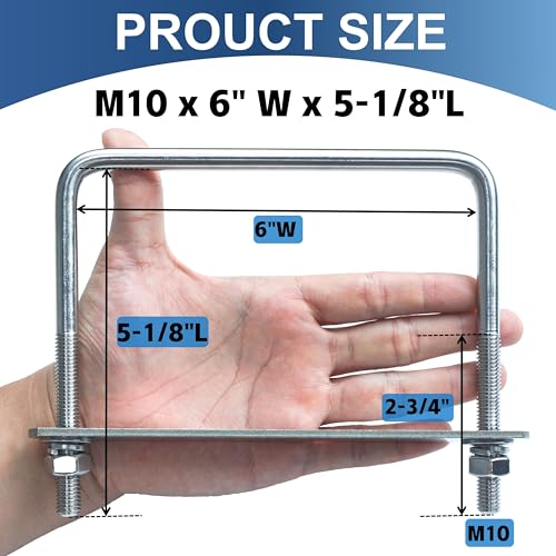4 Pcs M10 Square U Bolts 6 Inch Wide, 3/8" x 6"W x 5-1/8"L M10 x 6"W x 5-1/8"L 4