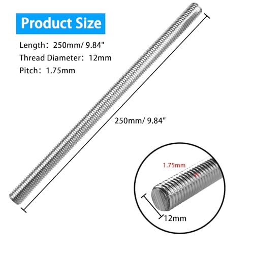 4pcs M12 x 250mm Fully Threaded Rod, 1.75mm Pitch, 304 Stainless Steel Long Threaded Screw, Right Hand Threads