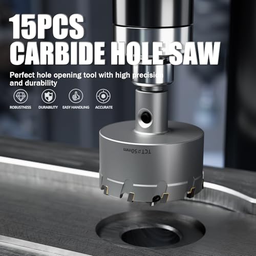GSTK 20PCS Upgrade Heavy Duty Carbide Hole Saw Kit,with 5*Extra Titanium Plated Pilot Center Drill and 2* Spring，for Hard Metal, Stainless Steel, Iron 15pcs