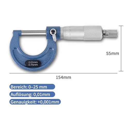 Outside Micrometer 0.01 mm Resolution, Measuring Range 0-25 mm, High Precision Measurement Micrometer Metric Outdoor Brake Caliper with Zero Point Adjustment Wrench Outside micrometer set, 1 piece