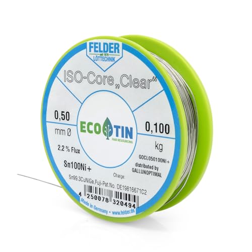 Galunoptimal Solder Tin ISO Core Soldering Wire Clear Sn100Ni+ Sn99.3CuNiGe 0.5 mm on 100 g Spool Made by Felder GmbH in Germany