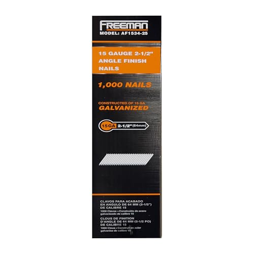 Freeman Angled Finish Nails | 34 Degree | 15 Gauge | 2-1/2" | Tape Collated | Galvanized Steel | 1000 Count | Trim, Baseboards, Moulding, Cabinetry, Furniture, Door and Window Casing | AF1534-25 15-Gauge 2-1/2"