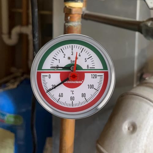 Thermal Pressure Gauge, 80 mm Dial, 0-6 Bar/120°C, Black Steel Case, G1/2 Rear Connection