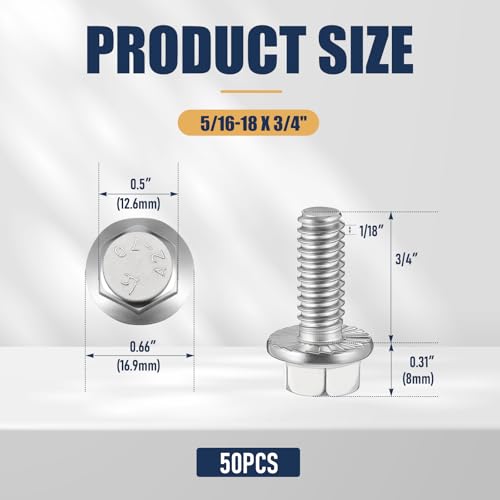 Zonon 50pcs 5/16-18 x 3/4 Inch 304 Stainless Steel Flanged Bolts, Silvery 5/16-18 x 3/4'' 50