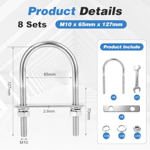 8 Pack U Bolts 2.5 Inch Wide, U-Bolts M10×65mm×127mm 304 Stainless Steel Multi-Use U Bolt for Trailer Chassis, Truck & Hardware M10x65mmx127mm 8