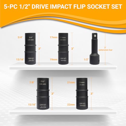 Lug Nut Socket Set, 5pc 1/2" Drive Impact Flip Socket Set with Metric 17 19 21 22 mm & SAE 3/4 13/16 7/8 15/16 in. Sockets, Double Ended Thin Wall Nut Sockets with 3" Extension Bar Flip, 17 19 21 22 mm & 3/4 13/16 7/8 15/16 in.