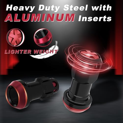 Lug Nuts Aluminum/Alloy Steel Tire Nut Lock 16 PCS Hex Nuts,4xEight Point Spline Nuts,1xHex Socket Key,1xEight Point Spline Socket Key,22mm OD/45mm H (Red Accents/Black Body, M12x1.25) Red Accents / Black Body
