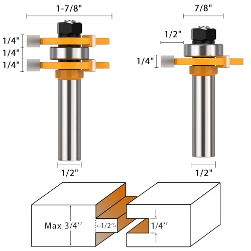 1/2 Inch Shank Tongue and Groove Router Bit Tool Set 3 Teeth Adjustable Router Bit 45 Degree Lock Miter Router Bits Woodworking Set- 1/2" 3/4" 1" Cutting Height Woodworking Glue Joint Tools Set