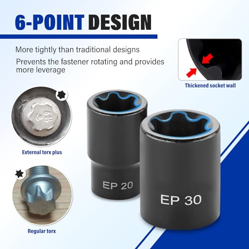 AKM 19PCS External Torx Plus Socket Set,6 Point EP Socket EP4-32 with 1/2’’ 3/8’’ 1/4'' Dr. EP8.8 compatible with Tesla, E-Torx Star Torque Sockets Set, Cr-v steel with High Impact Storage Case