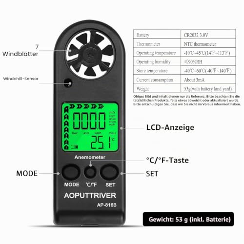 Wind Gauge Hand Digital LCD Wind Speed Meter Guages Air Flow Speed with Backlight Measurement Thermometer for Windsurfing Sailing Fishing etc UK-AP-816B Digital