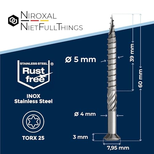 #10-2-3/8″ Deck Screws 5x60 Stainless Steel A4 Exterior Rust Resistant Screw 5mm Strong 250 Piece Wood Screws Torx 60mm Long Wood Srew incl. 1x Torx Bit 60 mm ≈ 2.36 in