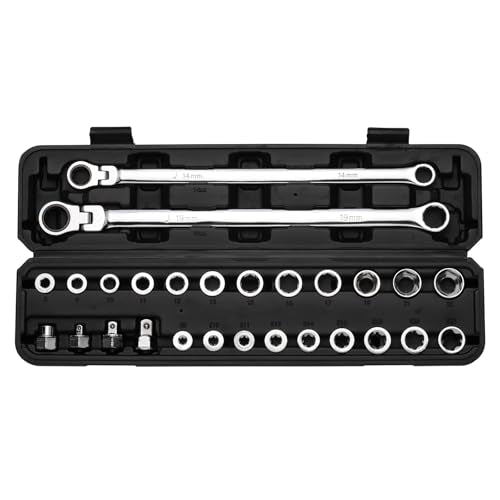 EMENTOL 27PCS Extra Long Flex Head Ratcheting Wrench Set, CR-V, Double Box End Ratchet Wrench Set with 8mm - 22mm, E8 - E22, 1/4", 3/8", 1/2" Socket Adapters Replacement Heads 27PCS WRENCH SET