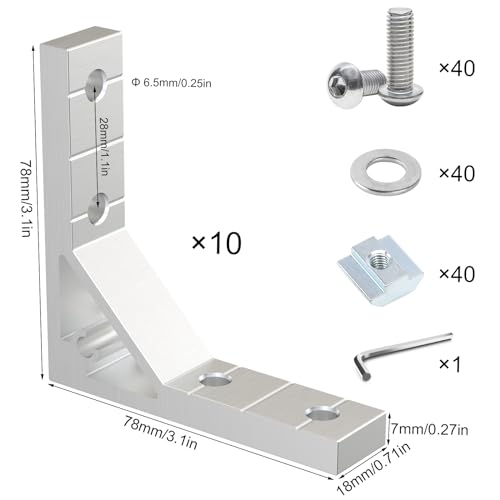 10Sets 2020 Aluminum Extrusion Corner Brackets,Strong Heavy Duty L Shape Brackets Sets with 40Pcs M5 T-Slot Nuts, 40Pcs Screws,Gasket and1Pcs Wrench (Silver) Silver