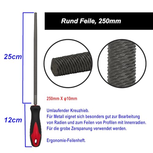 VASTOOLS Metal File 3-Piece 250 mm, Professional File Set Made of T12 Steel Flat File, Half Round File and Round File, for Metal, Wood and More, Tool Sharpener for Professionals and DIY Enthusiasts