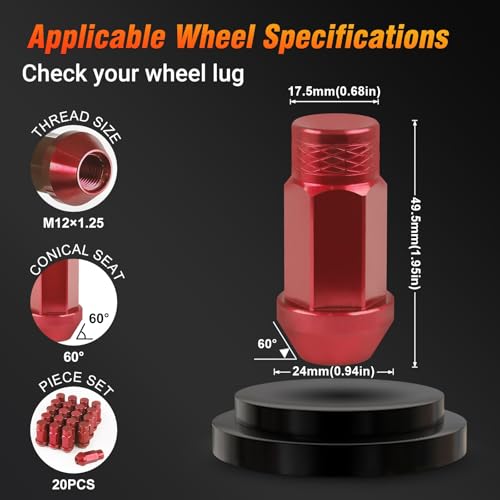 M12x1.25 Lug Nuts - 20 PCS 7075-T6 Aluminum Alloy 50mm Closed-End Lug Nuts, 1.95" 49.5mm Tall, Conical Seat 60 Degree, Tall Knurled Top Wheel Lug Nut (Red) Red