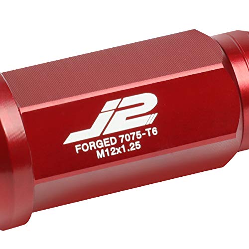 J2 Engineering 7075-T6 Aluminum M12 x 1.25 20Pcs 75mm Tall Spiky Cap Lug Nut w/Adapter Red
