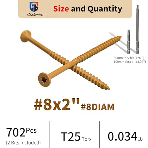 Deck Screws 2 Inch, 700 PCS Wood Screws #8 x 2, Exterior Epoxy Coated, Torx/Star Drive Head Screw, Rust Resistant, Construction Fence Screws, 2 Pcs T25 Star Bits Included, Yellow #8 x 2"
