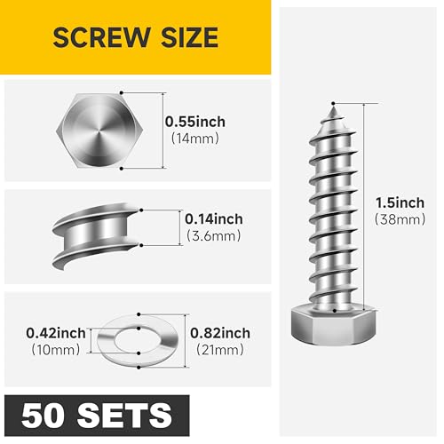 Mywish (50Sets) 3/8" x 1-1/2" Lag Bolts, 304 Stainless Steel 3/8 inch Lag Screws Bolts for Wood, Heavy Duty Hex Head with Flat Washers Bolt Kit, Bright Finish 3/8 x 1-1/2"