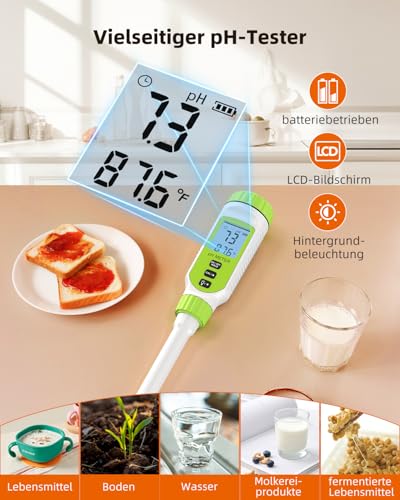 Tadeto pH Meter, High Precision Digital pH Tester for Water, Soil, Pool, Floor, Drinking, Garden, pH Meter with Thermometer LCD Display and Calibration Set and Alloy Protective Cap Green
