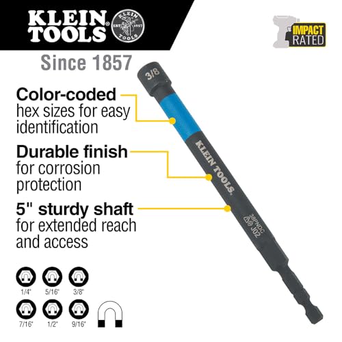 Klein Tools 32930 SAE Magnetic Impact Nut Setter Set, 6-Piece Color Coded Power Nut Driver with Extended Reach, 6 SAE Sizes 6-Inch / 6-Piece Set, SAE, Extended