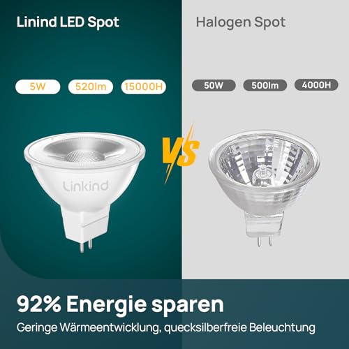 Linkind GU5.3 MR16 LED 5W Lamp 12 V, 50 Watt Replaced, 2700 K Warm White 36° Beam Angle LED Spot MR16, 520 Lm AC/DC 12 Volt Bulb, Not Dimmable, Pack of 5 Non-dimmable, 2700k, Warm White 5 count