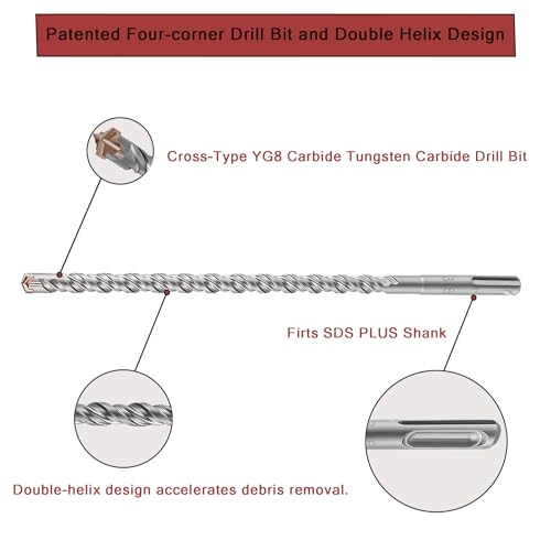 10pcs SDS Plus 3/8 in. x 12 in. Rotary Hammer Drill Bit Kit, Cross-Type Double Thread Carbide Concrete Drill Bit for Stone, Brick, Masonry, Cement Walls
