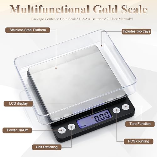 Digital Jewelry Scale, 500g x 0.01g High Precision Gold Scale, Portable Gram Scale with LCD Display, Tare Function, PCS Counting, Professional Small Scale for Jewelers Collectors Pawn Shops