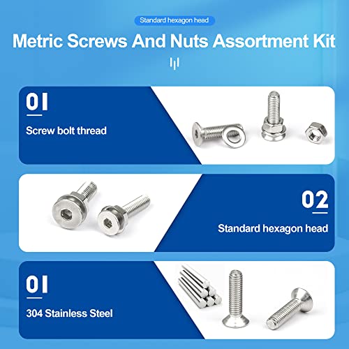 NINDEJIN M2 M3 M4 M5 Stainless Steel Hex Socket Head Cap Screw Bolts, Nuts Set and Washers Assortment Kit + Wrenches (Socket Head + Flat Head)