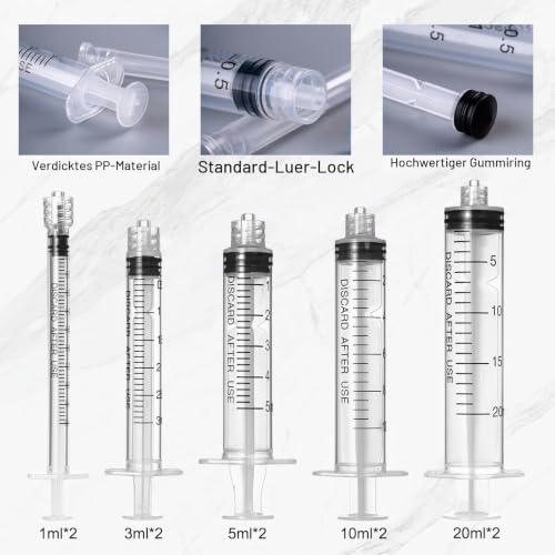 Syringe with Needle and Cap 1ml, 3ml, 5ml, 10ml, 20ml Syringes, 14g, 16g, 18g, 20g, 25g Pure Needles and Syringe Caps, Used for Industrial Care, Liquid Measurement 1/3/5/10/20ml