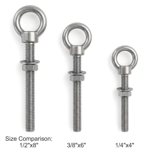 QWORK 3/8"x6" Stainless Steel Shoulder Eye Bolts – 10 Pack Machine Thread Set with Nuts for Metal Frame, Rigging & Cable Mounting 3/8" x 6"
