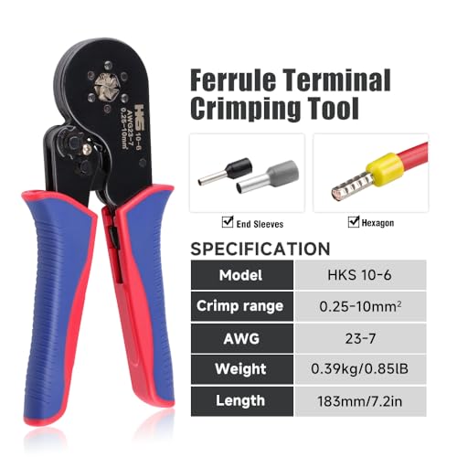 HKS Ferrule Crimping Tool Kit - Hexagonal Ferrule Crimper Plier (AWG 23-7) with Muti-use Wire Stripper & 1900Pcs Wire End-Sleeves Terminals Kit in Box Crimper 10-6+1900PCS+Stripper&Toolbox