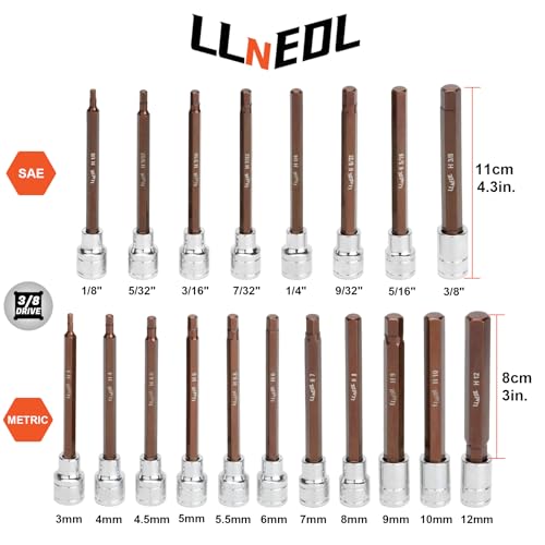 LLNEDL 3/8 Inch Drive Long Allen Hex Bit Socket Set, 19-Piece Hex Head Standard SAE & Metric Sockets (1/8"-3/8", 3-12mm), S2 Alloy Steel Durable Tools for Mechanics 19pcs 3/8 inch socket set
