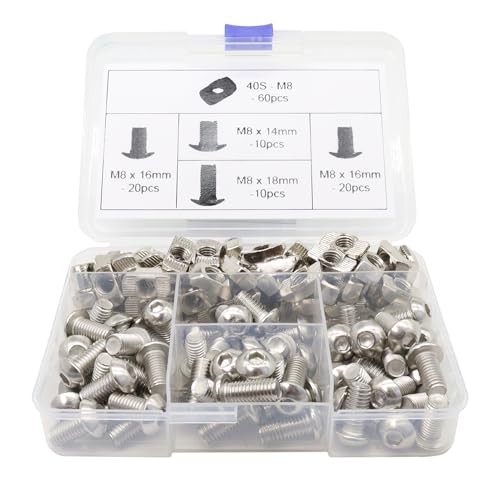 120Pcs 4040 Aluminum Extrusion Hardware Kit - M8 T Slot Nuts & Bolts 10Pcs M8x14, 40 M8x16, 10 M8x18, 60Pcs 40 Series M8 Drop-in T Nuts, Compatible with 4040 4080 Extrusion Accessories 40 Series Type Silver