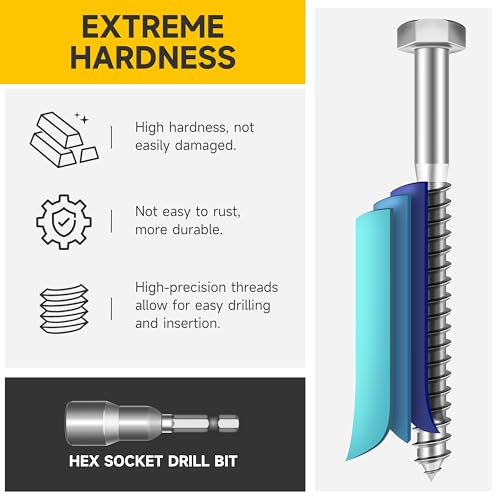 Mywish (12Sets) 5/16" x 3" Hex Head Lag Bolts & (15Sets) 3/8" x 1" Hex Head Lag Bolts, Heavy Duty Lag Screws with Washers, 304 Stainless Steel Bolts 18-8, Lag Screws Wood Screws
