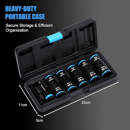 1/2" Drive Lug Nut Impact Socket Set, 7PCS Thin Wall Flip Socket Set, Half Size Metric Wheel Socket Set, 17.5mm, 18.5mm, 19.5mm, 21.5mm, 22.5mm, 6 Point, CR-MO, 3" Extension Bar & Knockout Bar 7PCS Half Size Metric