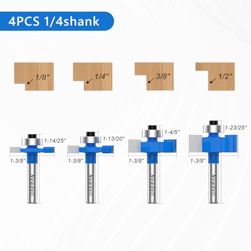 Newdeli 6Pcs Rabbeting Router Bit (1/8",1/4",3/8", 1/2") and Tongue and Groove Router Bit Set with 6 Bearings Set (1/2", 5/8", 3/4", 7/8", 1", 1-1/8" Bearings) - 1/4 inch Shank
