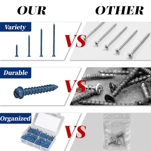 220Pcs 1/4" & 3/16" Hex Concrete Screw & Drill Bit Set, for Brick Masonry Slotted Hex Head 220Pcs 1-1/4" to 2-3/4"