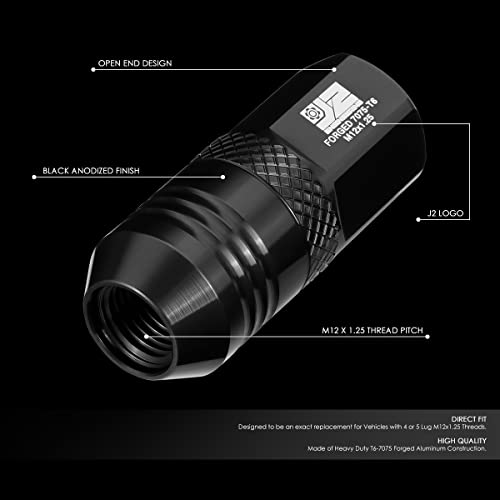 J2 Engineering J2-LN-T7-040-125-BK M12 x 1.25 T6-7075 Aluminum 50mm Open End Lug Nuts w/Deep Drive Extension Adapter,Black,21mm x 50mm