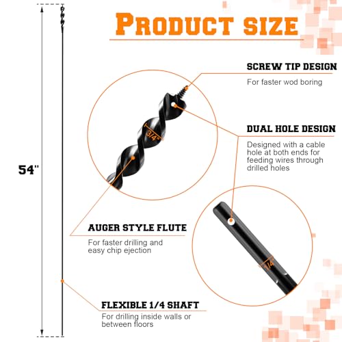 Lasnten 2 Pcs Flexible Drill Bit for Wire Pulling, 54" x 3/4" x 1/4" Long Auger Drill Bits with Fish Eye Hole and Screw Point, 3-Flat Anti-Slip Shank Flex Bit for Wood Through Walls Ceilings Sidewalk 54 x 3/4 x 1/4 Inch