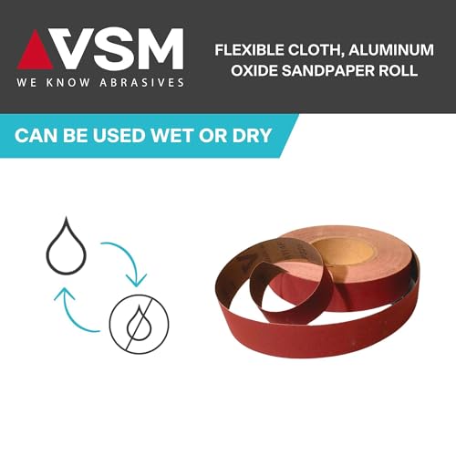 VSM 1-1/2" x 50yd (150'), 180 Grit (Very Fine) Aluminum Oxide Sanding Shop Roll, F-Weight Cotton Cloth Backed Sandpaper Roll for Hand Finishing, Woodworking, Metal Working, Polishing