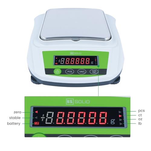 U.S. Solid Precision Balance, 2000g/4.4lb x 0.01g Digital Lab Scale, 6.2" x 5" Rectangular Pan, Piece Counting, g/ct/oz/lb, 100-240V AC & 4xDC 1.5V Battery, Kitchen, Jewelry, Scientific Use Green 2000g x 0.01g