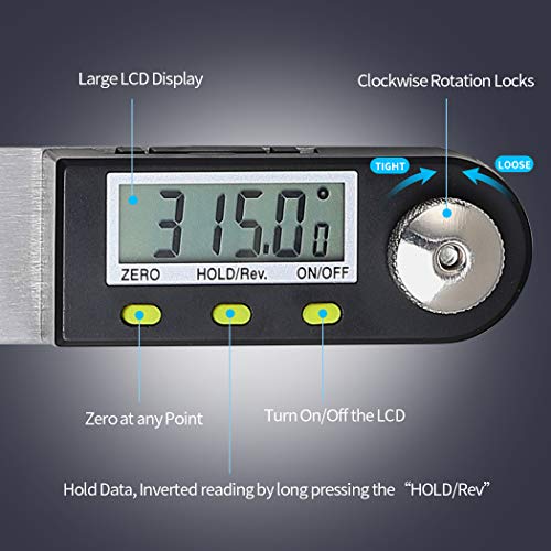 Protractor Digital Angle Ruler with LCD Display Stainless Steel Angle Measurement for Woodworking Home Work Craftsman Circular Saw, 360° Angle Measure, Hold Function, 400 mm | 2 in 1 360° inclinometer with hold function for woodworking, mechanical engi...