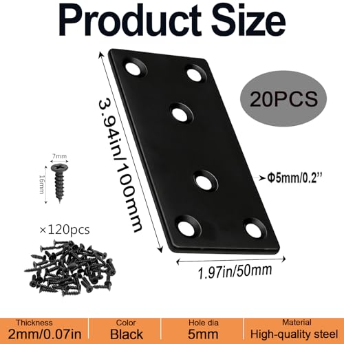 20 Pack 4x2 Inch Black Flat Mending Plates Metal Straight Bracket Brace Stainless Steel Mending Joining Plates with Screws, Heavy Duty Fixing Brackets for Wood Furniture Shelves Repair 4 x 2Inch Black Flat Bracket