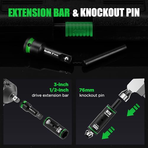 TecoTek 7PCS Lug Nut Socket Set, 1/2” Impact Thin Wall Flip Socket, Half Size Wheel Socket Set, Metric, 6 Point, 3" Extension Bar & Knockout Bar, 17.5mm, 18.5mm, 19.5mm, 21.5mm, and 22.5mm Half Size Metric