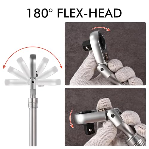 Extendable Ratchet Wrench Set with 1/4", 3/8", and 1/2" Drive Adapters, 72-Tooth Fine Ratcheting, 180° Flex-Head for Tight Spaces